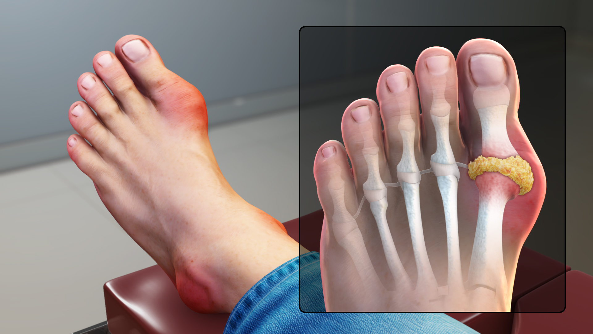 Painful gout attack affecting the big toe joint